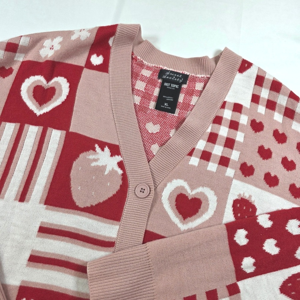 Sweet Society Hot Topic Pink Red Patchwork Heart Strawberry Cardigan XL